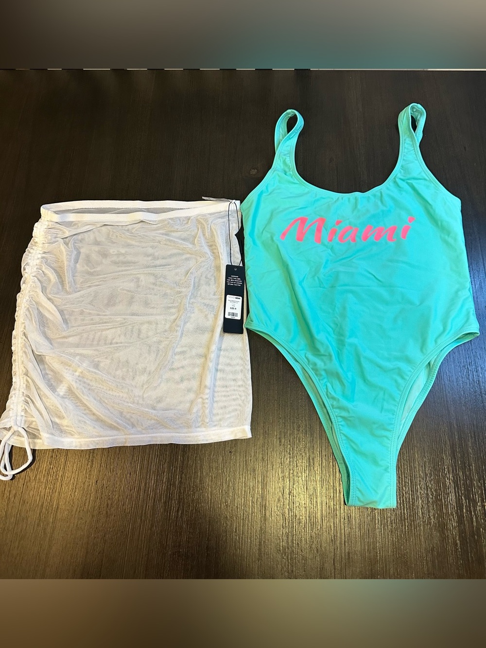 Miami One-Piece Swimsuit /Fashion Nova Mesh Ruched Skirt Cover up, Both New